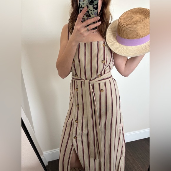 Active USA linen blend striped safari sundress tan size L - Picture 1 of 16